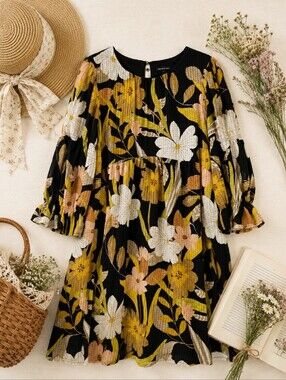 Who What Wear NWOT Babydoll Yellow Pink Black Floral Boho Floral Dress. SMALL